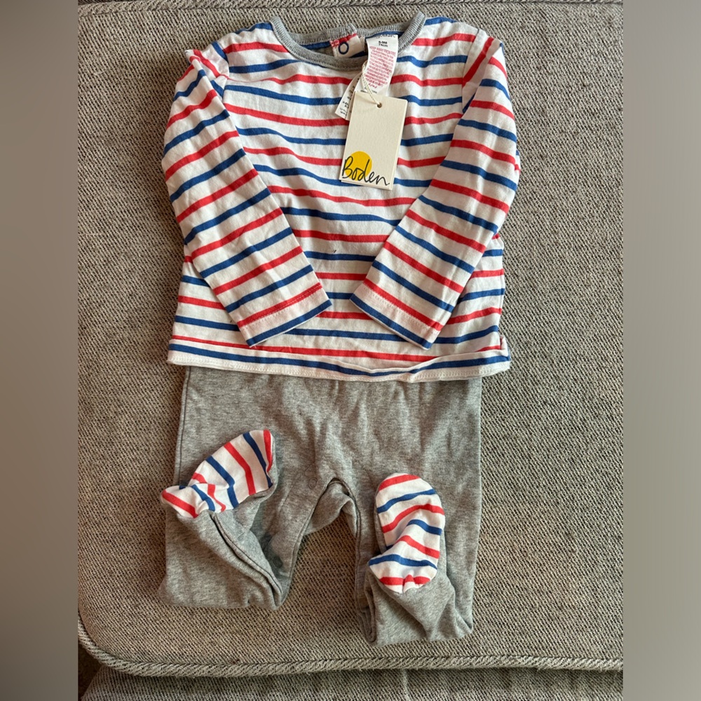 NWT Baby Boden footie outfit one piece with attached over shirt 6-9 months